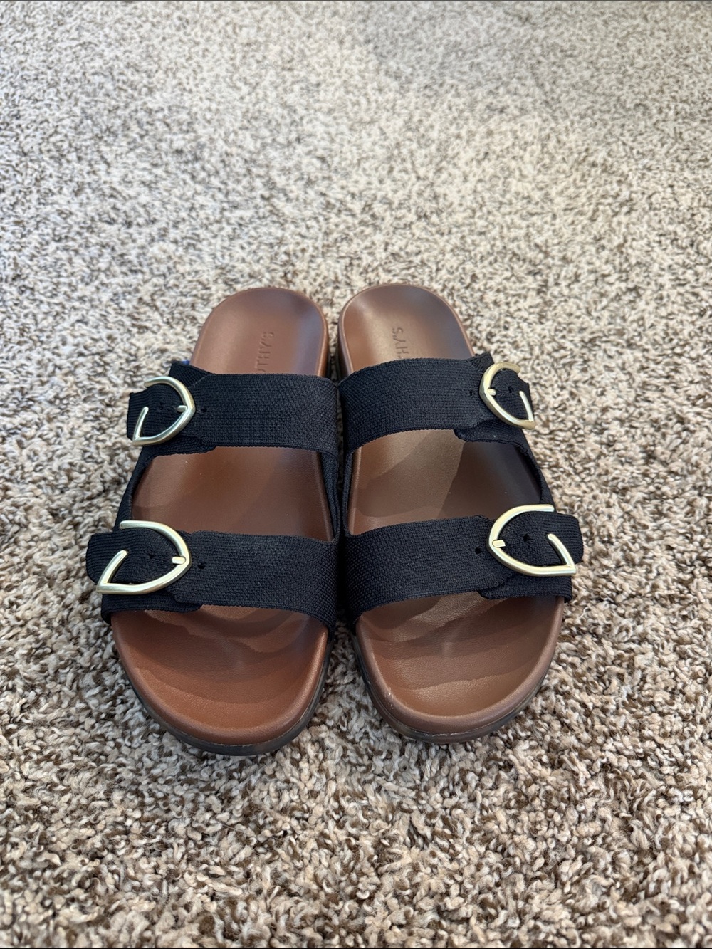 Rothy’s Women's Black Double-Band Slide Sandals with Gold Buckles